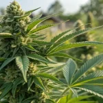 Close-up of a cannabis plant with lush green leaves and buds