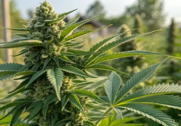 Close-up of a cannabis plant with lush green leaves and buds