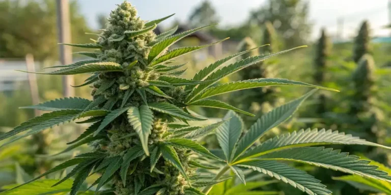 Close-up of a cannabis plant with lush green leaves and buds