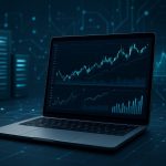 A close-up view of a laptop displaying financial charts and graphs, with data servers in the background, representing tr