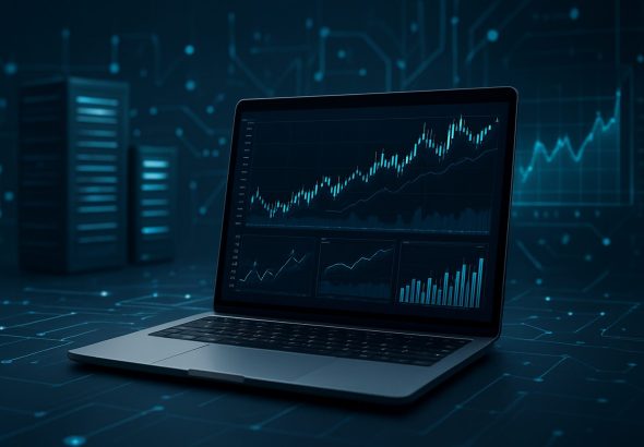 A close-up view of a laptop displaying financial charts and graphs, with data servers in the background, representing tr