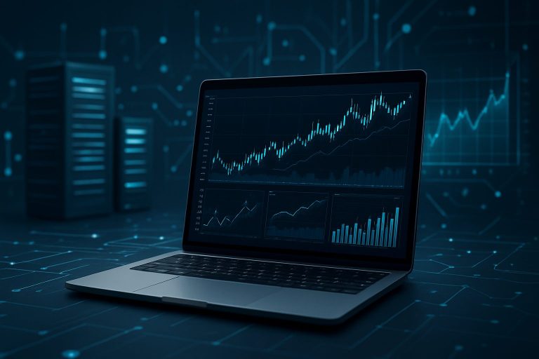 A close-up view of a laptop displaying financial charts and graphs, with data servers in the background, representing tr