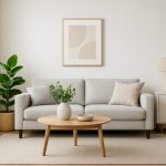 a modern and clean living room with a light-colored sofa and a potted plant
