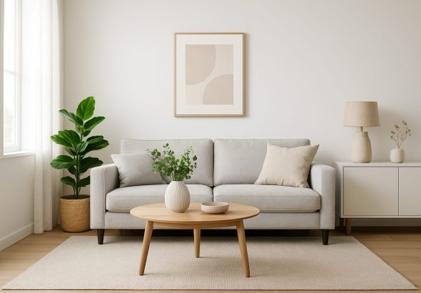 a modern and clean living room with a light-colored sofa and a potted plant