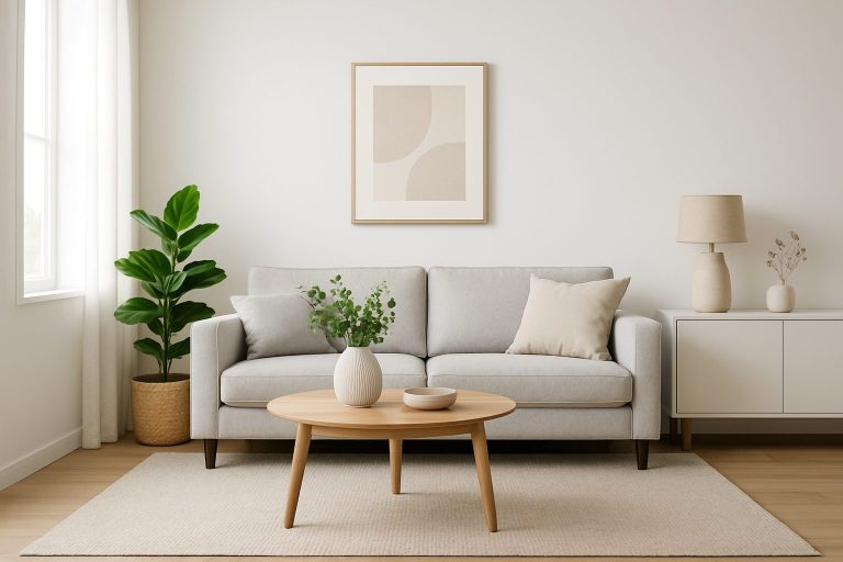 a modern and clean living room with a light-colored sofa and a potted plant
