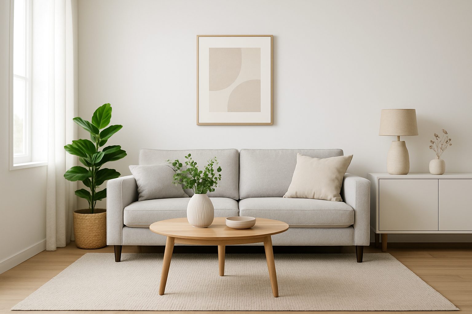 a modern and clean living room with a light-colored sofa and a potted plant