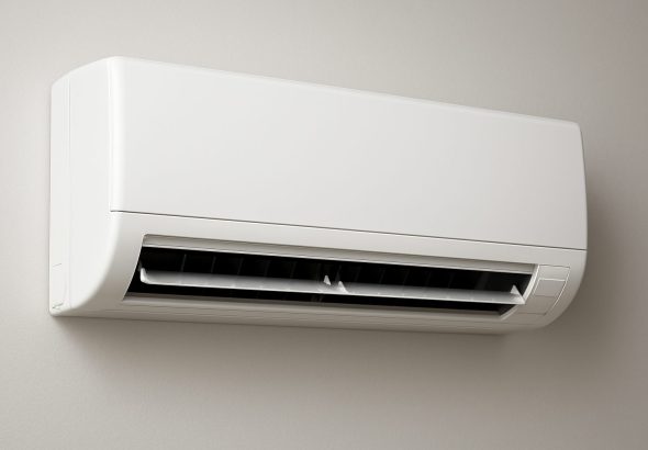 A modern air conditioning unit mounted on a wall in a neutral-colored room.
