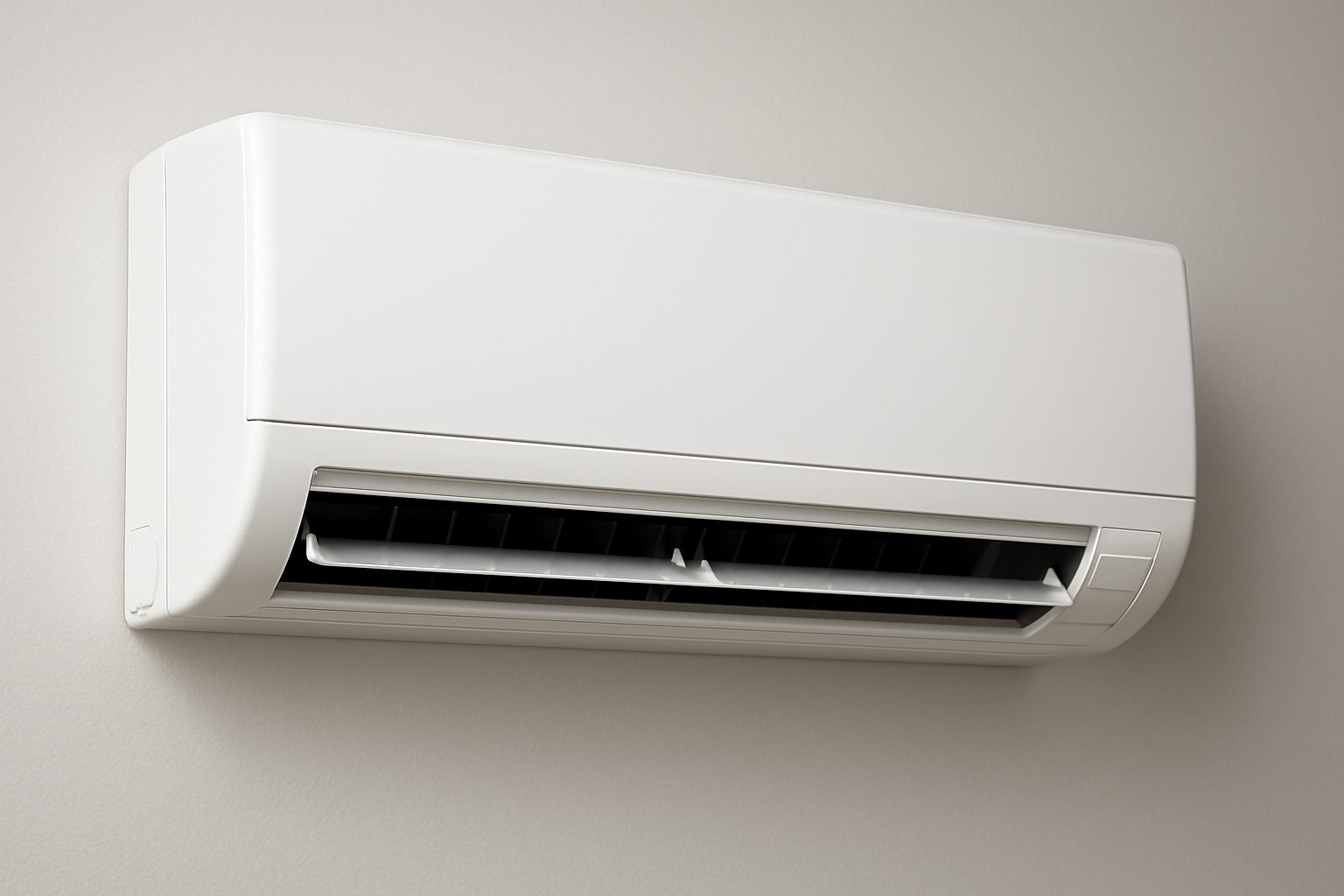 A modern air conditioning unit mounted on a wall in a neutral-colored room.
